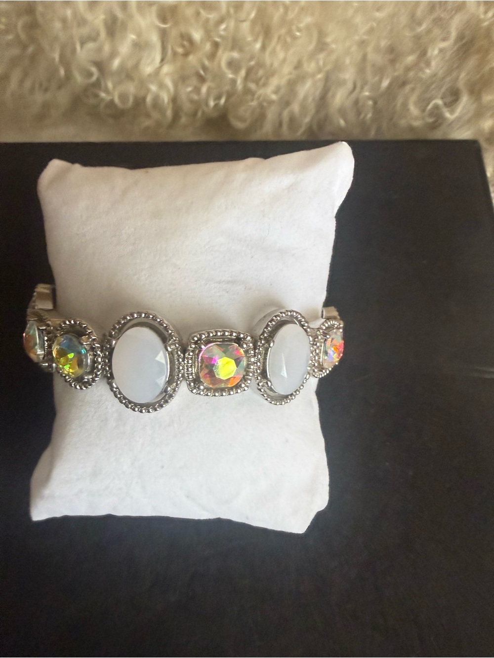 Silver-Tone White & Iridescent Crystal Stretch Bracelet